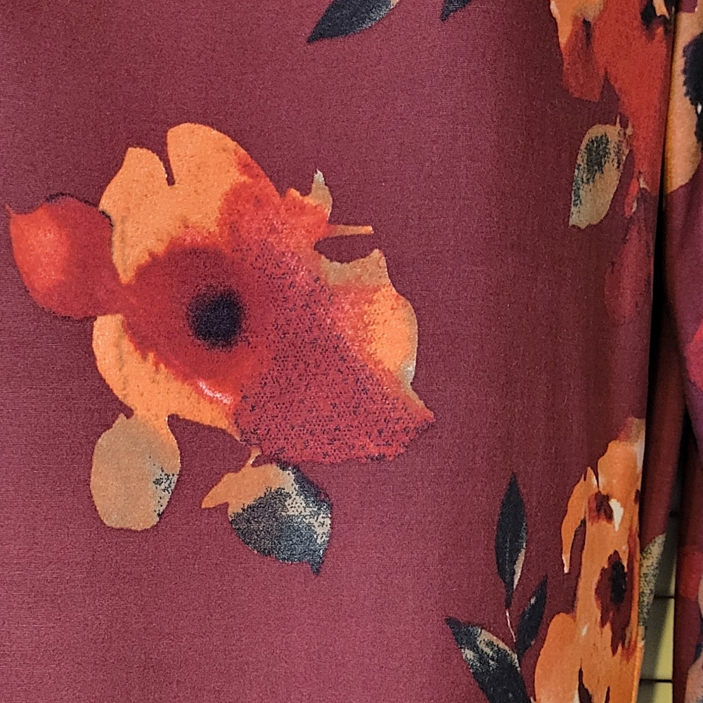 FLORAL BURGUNDY & PEACH PLEATED MIDI DRESS - Picture 8 of 9